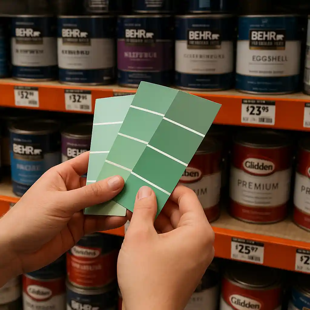 Close-up of paint swatches held near a Home Depot paint shelf with price tags