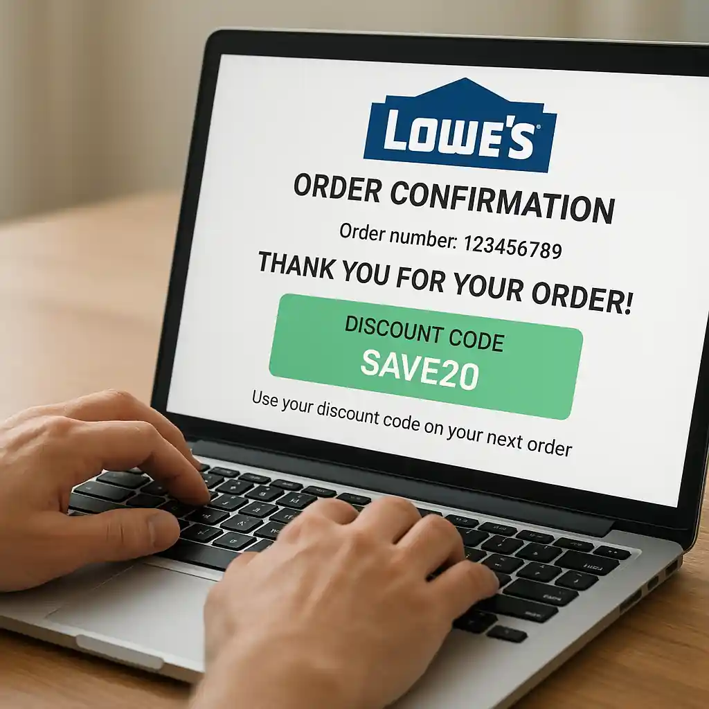 Laptop screen with Lowes 20 off coupon code and order details visible