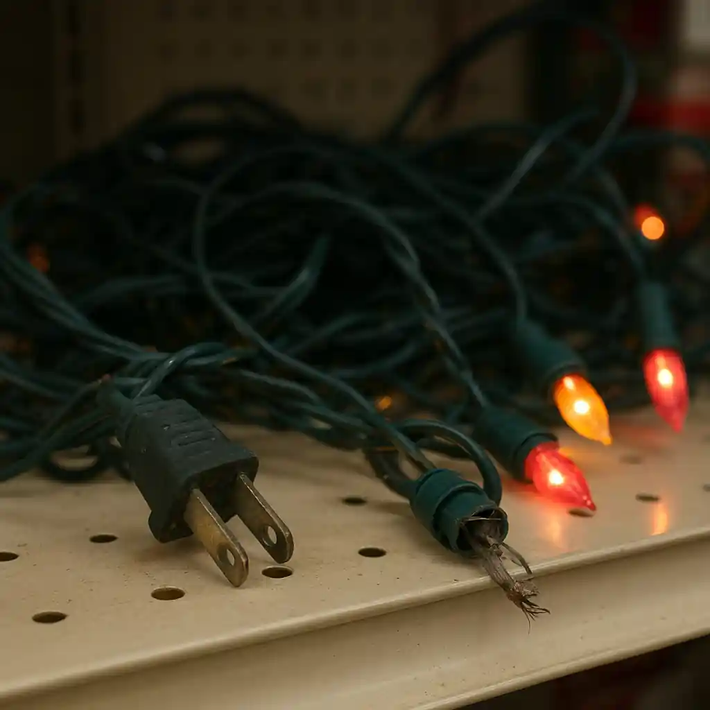 Frayed holiday light string with damaged bulbs found on clearance at Home Depot