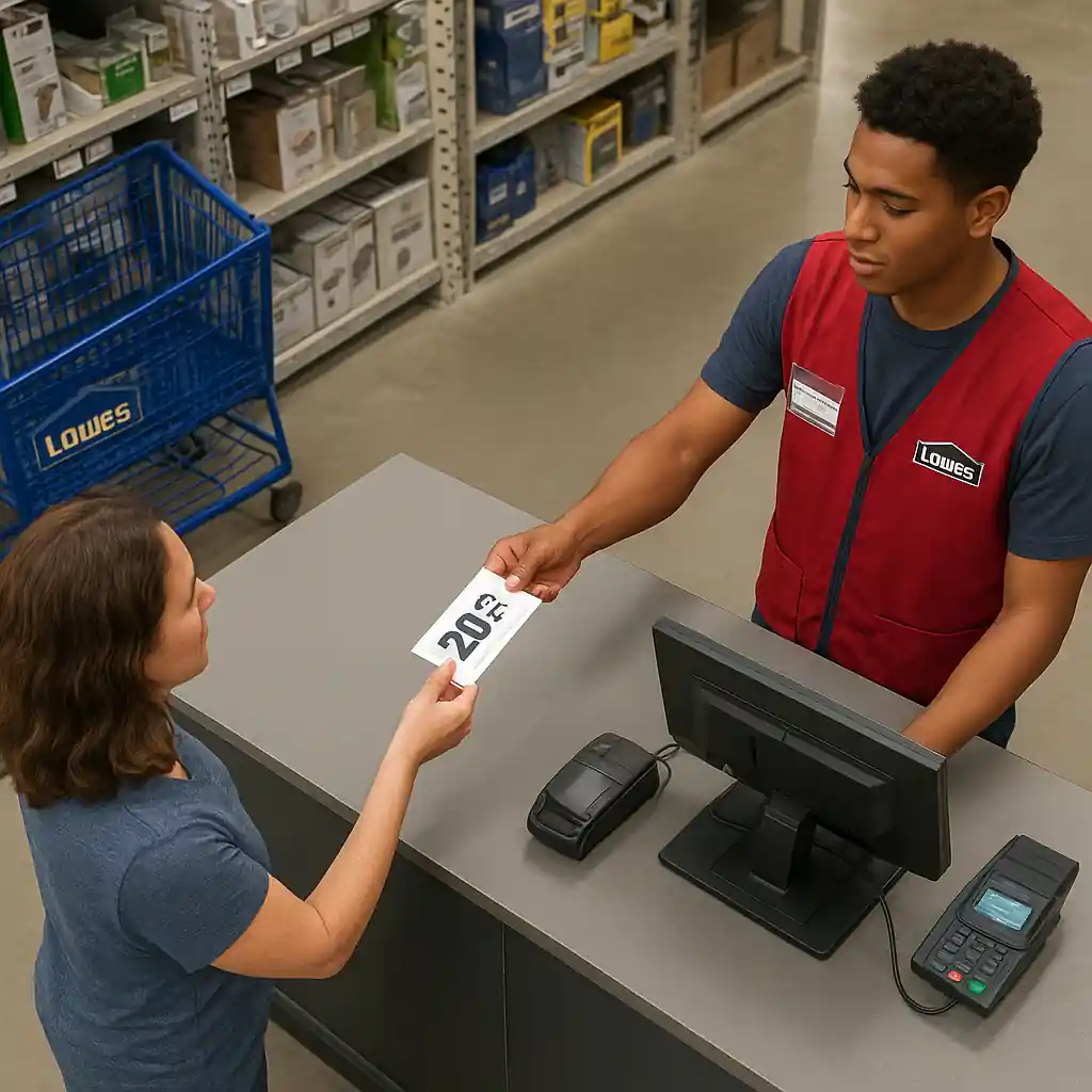 Customer handing a coupon to a cashier at a Lowe's checkout with store shelving behind