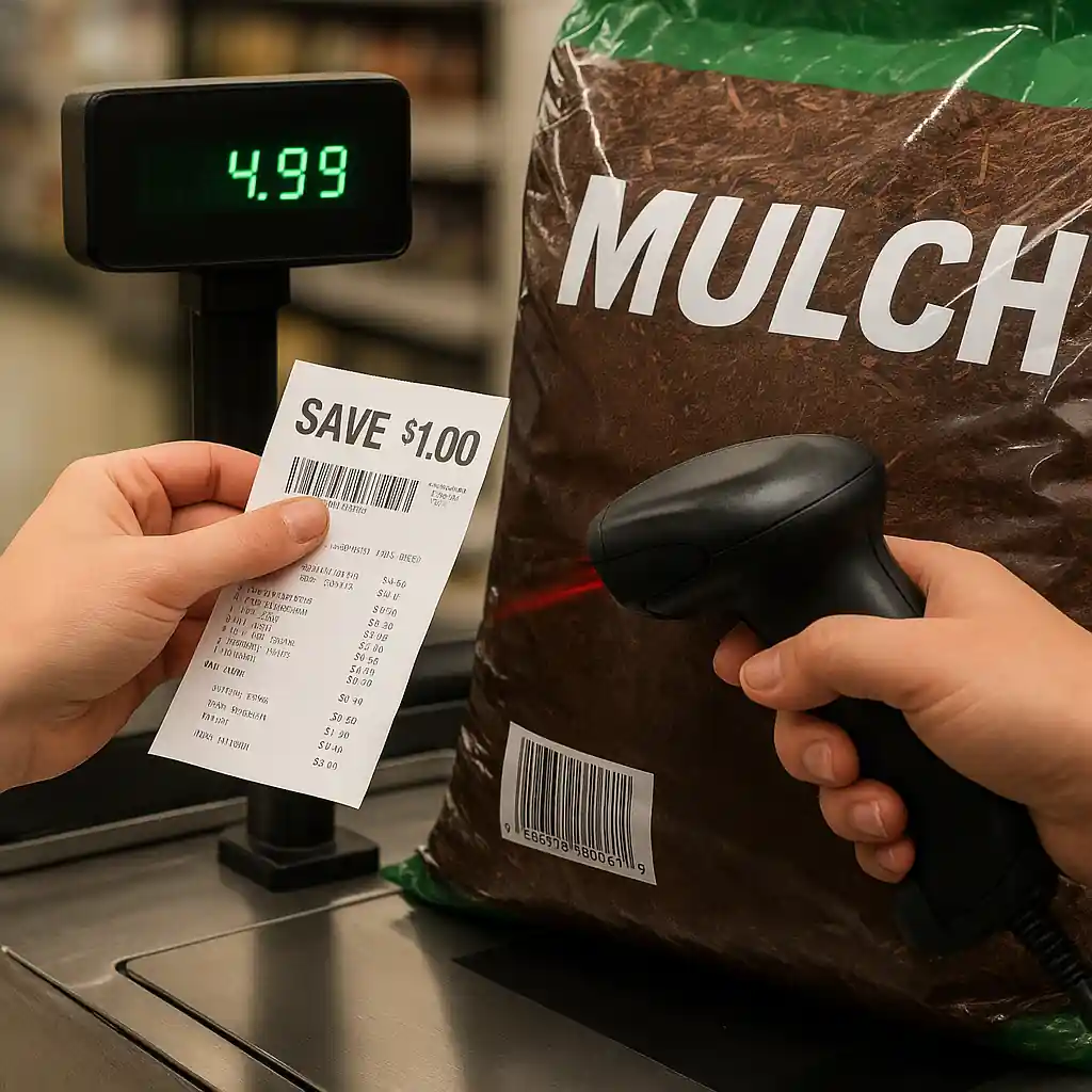 Cashier scanning a mulch bag barcode with coupon and receipt visible