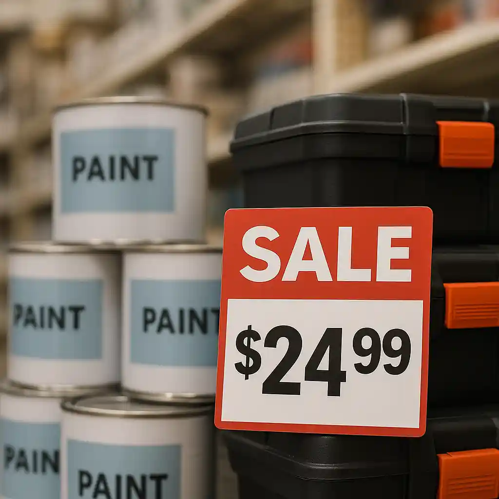 Aisle with discounted paint cans and toolboxes displaying sale tags