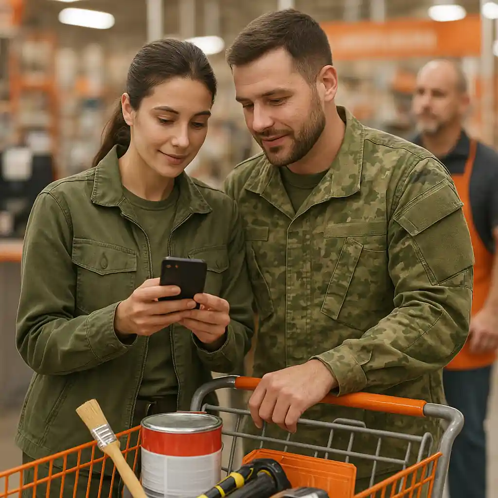 Military couple using a phone app to apply a discount at Home Depot checkout