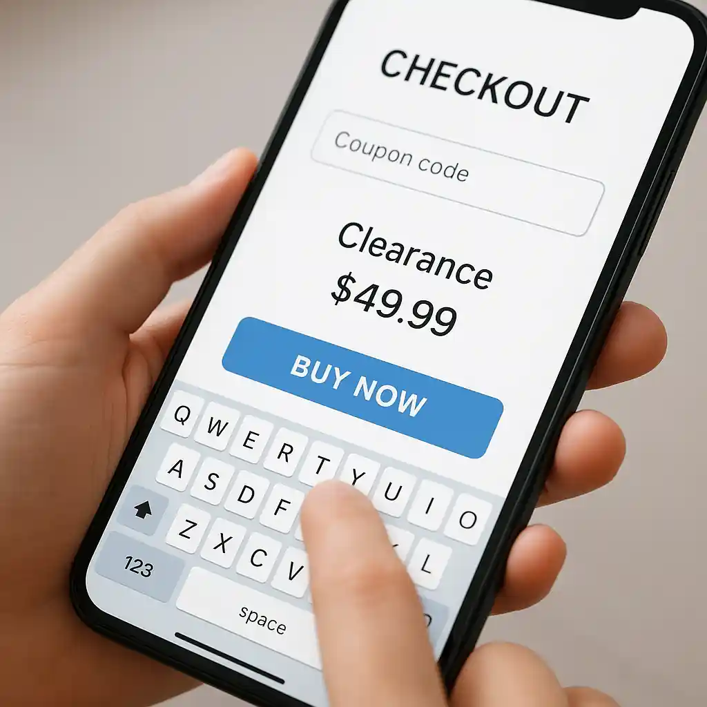Phone checkout screen displaying coupon code field and clearance item price