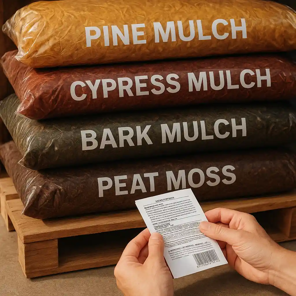 Close-up of mulch bag labels and textures including shredded hardwood and cedar options