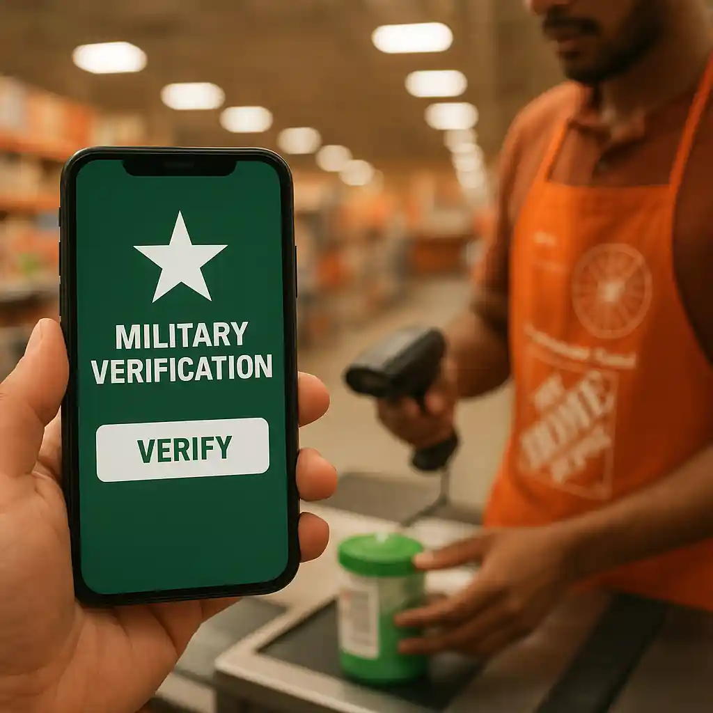 Mobile military verification at Home Depot checkout showing military discount verification