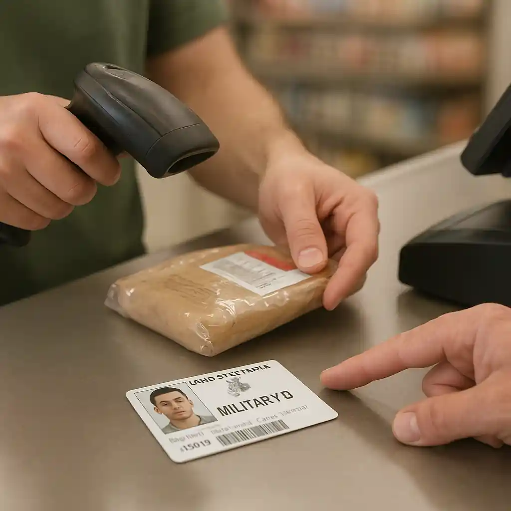 Cashier applying a military discount after seeing a military ID at checkout
