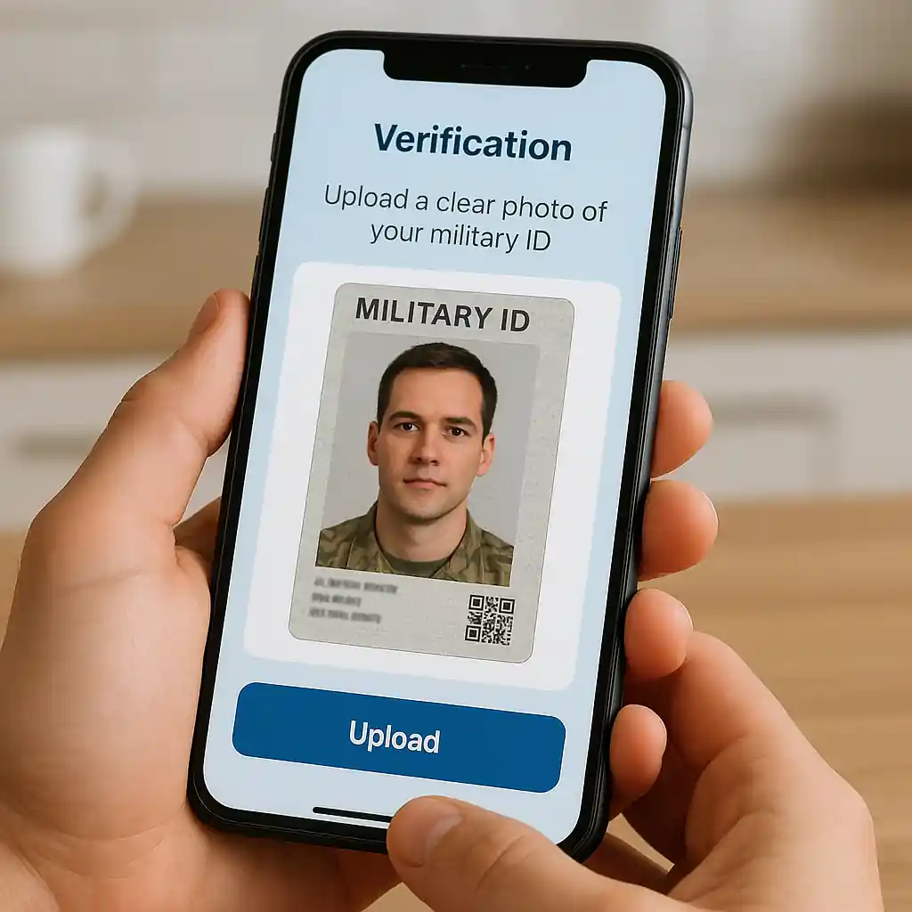 Smartphone upload showing military ID verification process for military discount