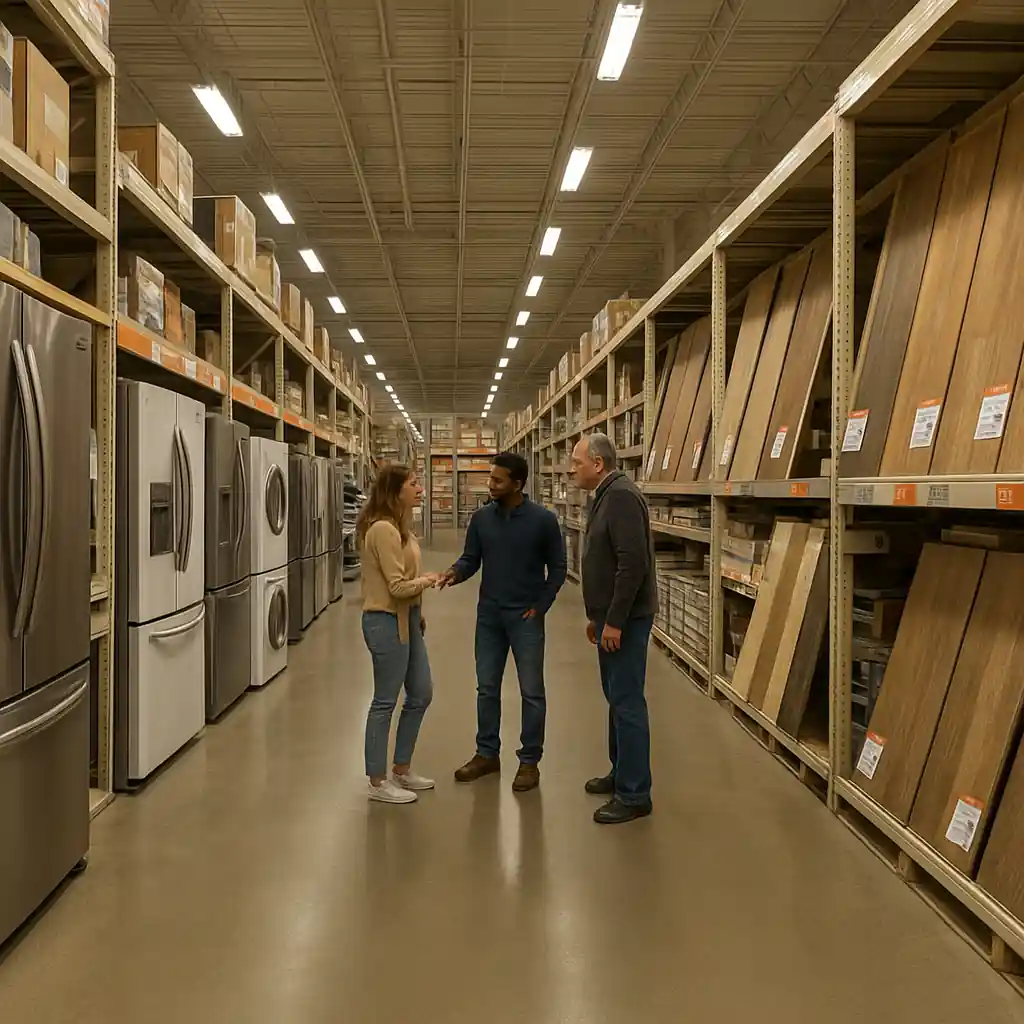 Shoppers comparing appliances and flooring in a big-box store, illustrating military discount comparisons