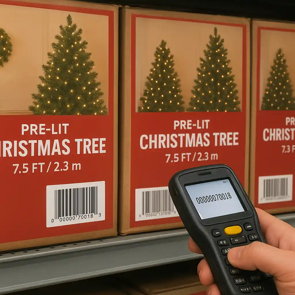 Pre-lit boxed trees with UPCs for Home Depot Christmas clearance sourcing