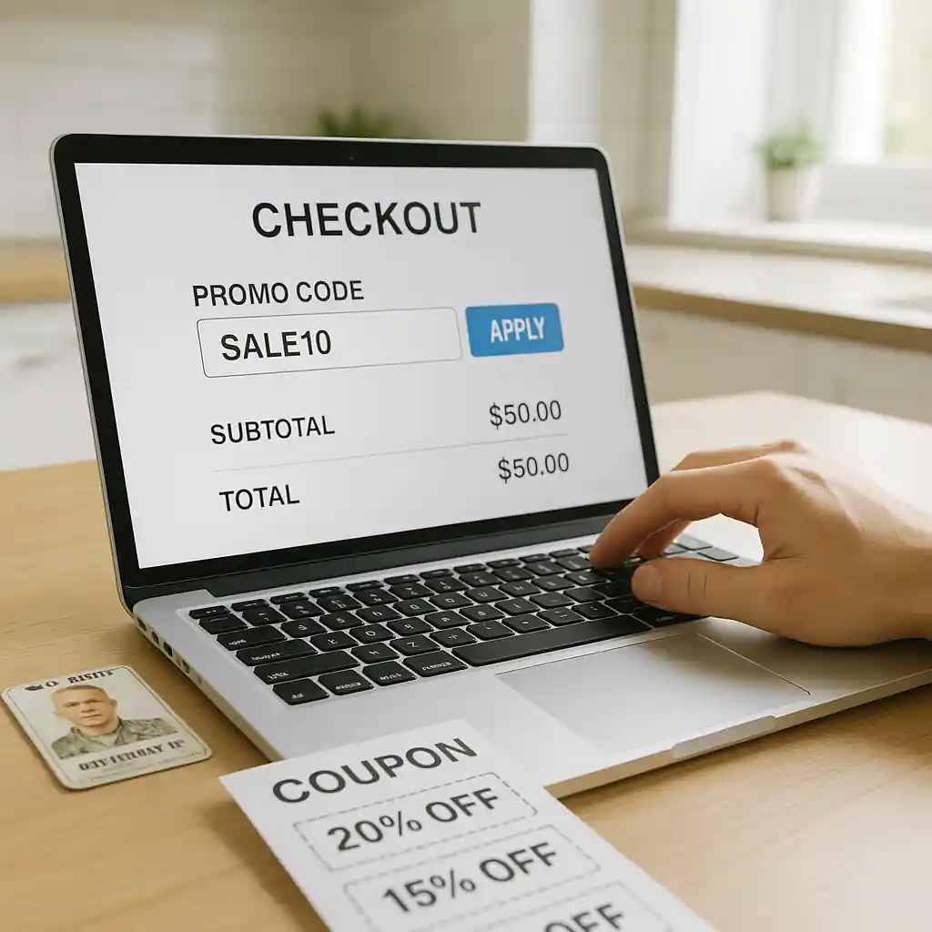 Entering a promo code at checkout with military ID and paper coupons nearby