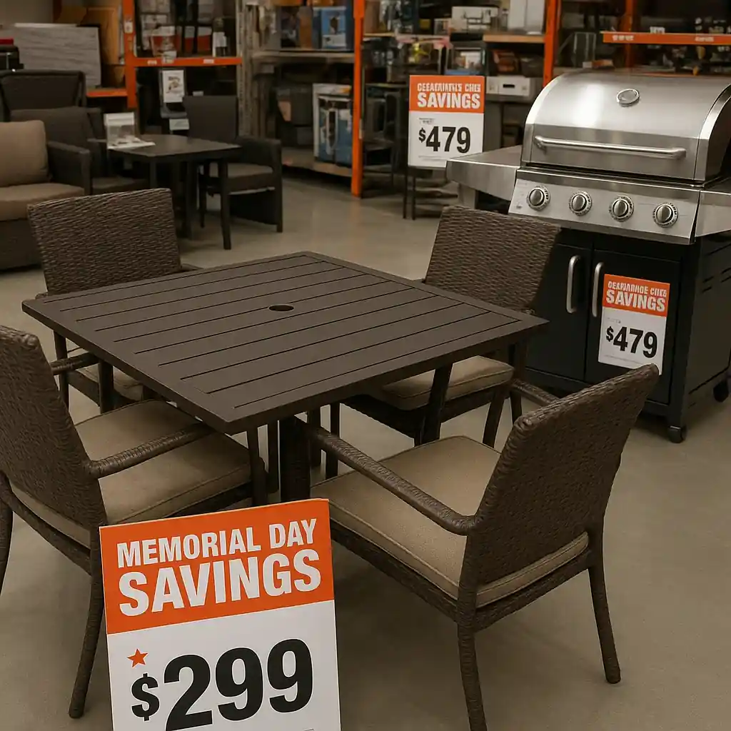 Home Depot Memorial Day sale patio set and grill with sale price tags