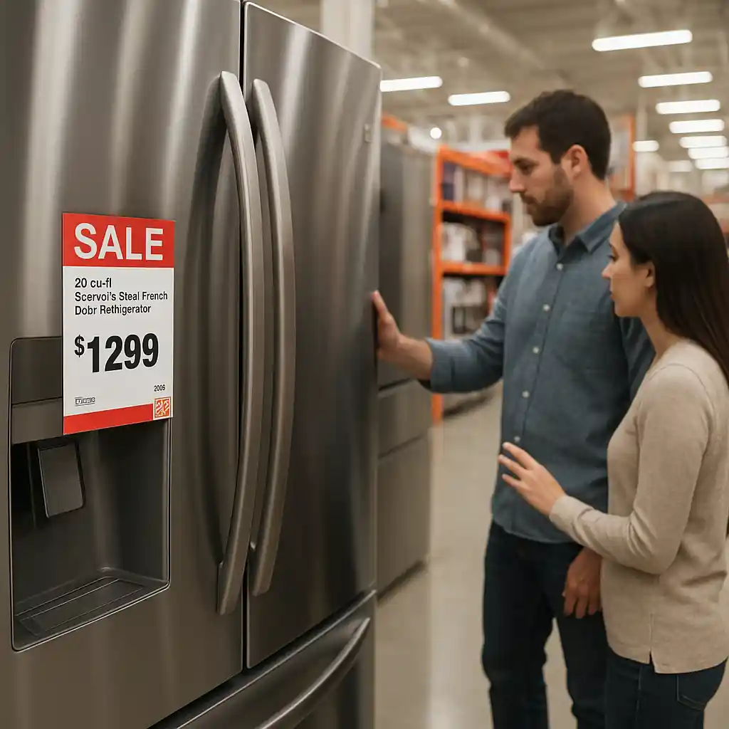 Stainless steel refrigerator on display with Memorial Day sale price tag at Home Depot