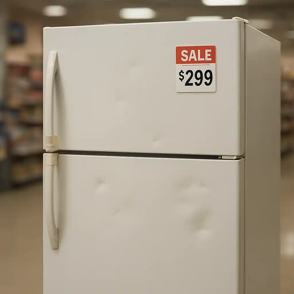 Floor-model refrigerator with visible dings and a reduced-price tag inside a store