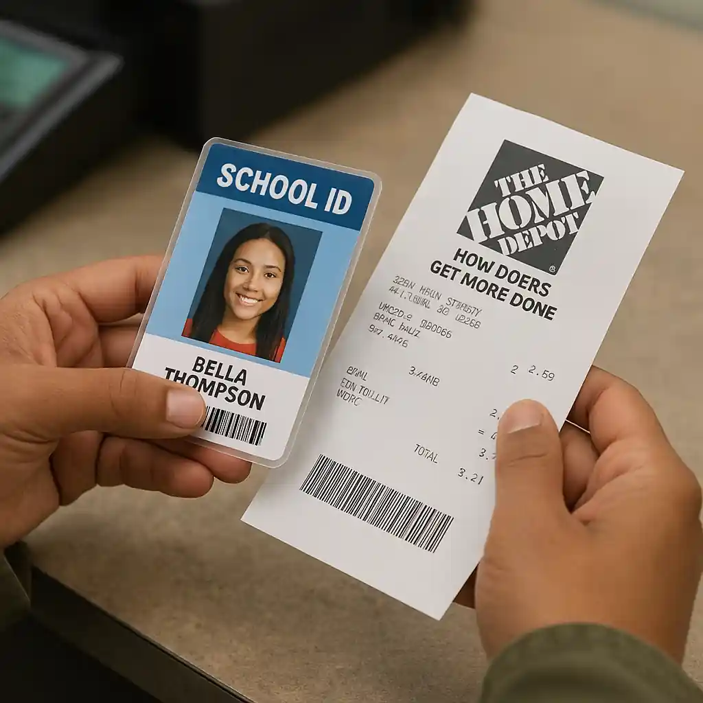 Educator showing school ID next to a purchase receipt at customer service