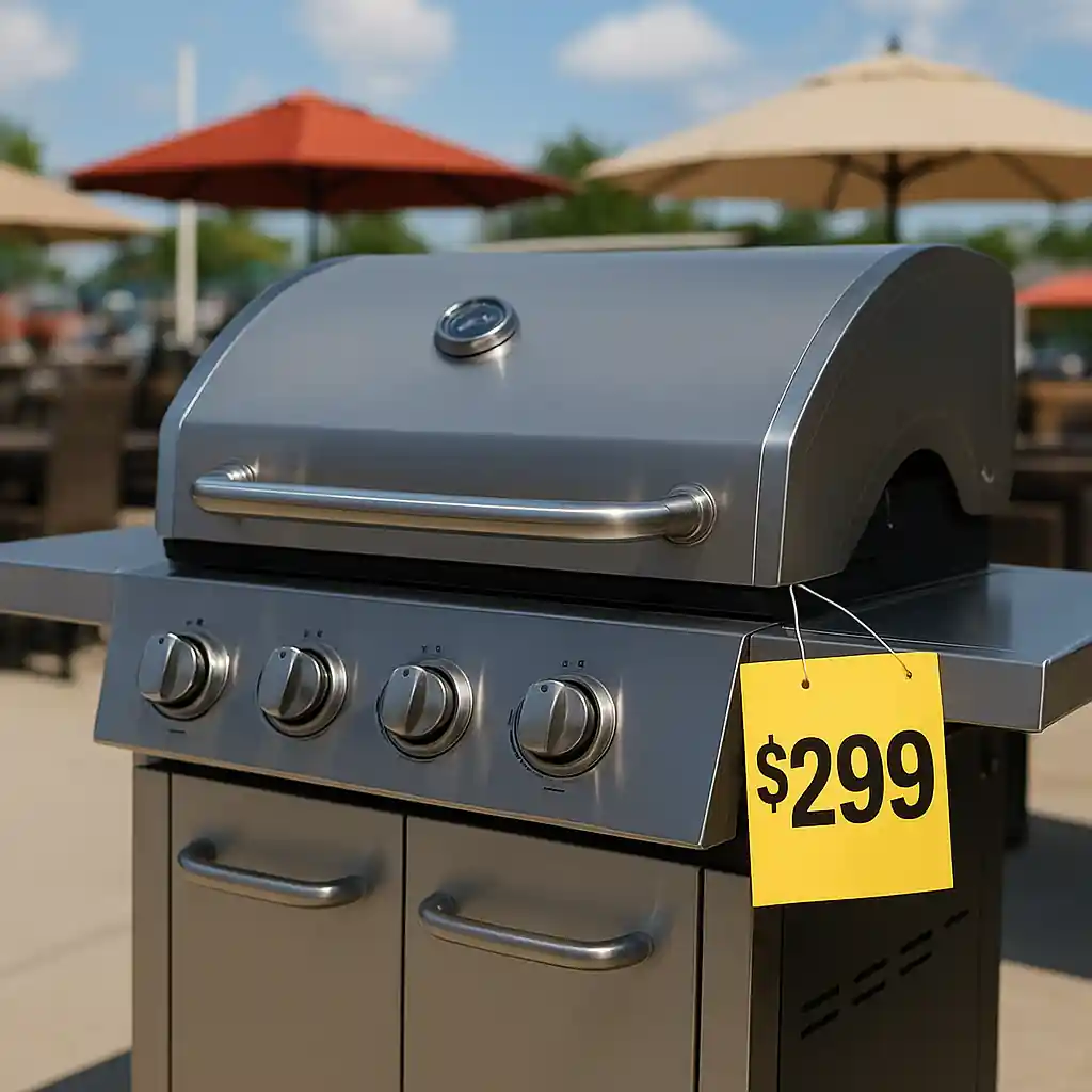 stainless steel grill on display with sale price tag during Home Depot Memorial Day event