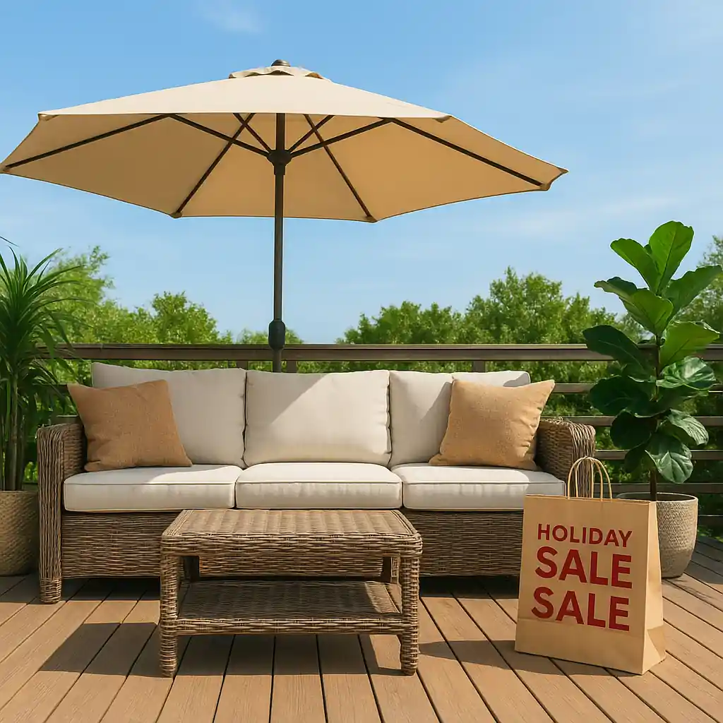 Outdoor patio furniture set displayed on a deck during daytime, ready for Memorial Day shopping