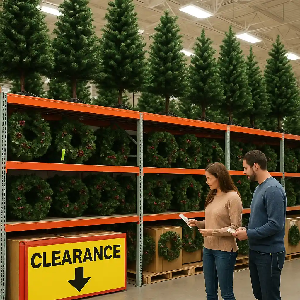 artificial Christmas trees on clearance racks at a big-box store