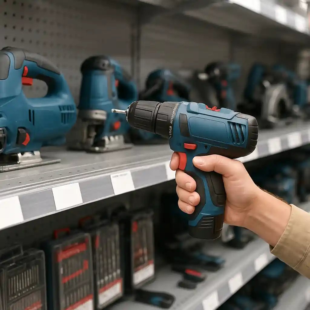 Discounted power tools on a store shelf with Memorial Day price tags and a shopper inspecting a drill