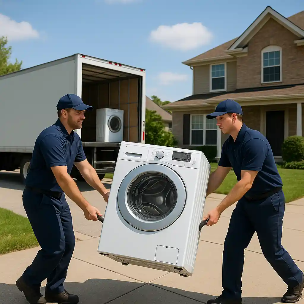 Home delivery crew bringing a new washer onto a house during Memorial Day appliance delivery