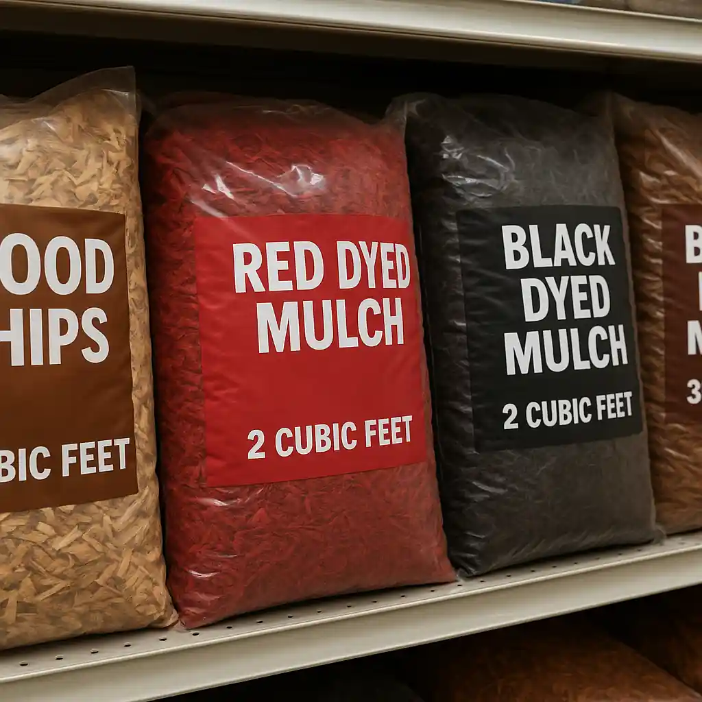Assorted mulch bags on retail shelving showing different types and bag sizes