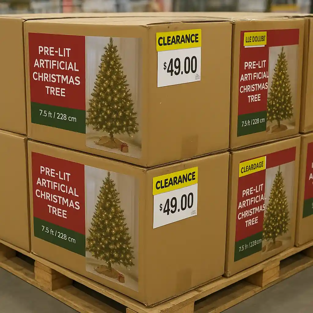 stacked boxed pre-lit trees with clearance tags showing Home Depot Christmas clearance markdowns