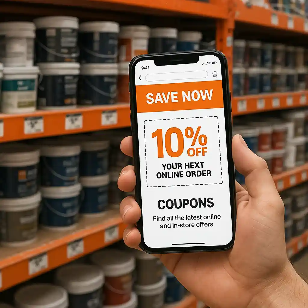 Shopper comparing a Home Depot promo code on smartphone in a store aisle