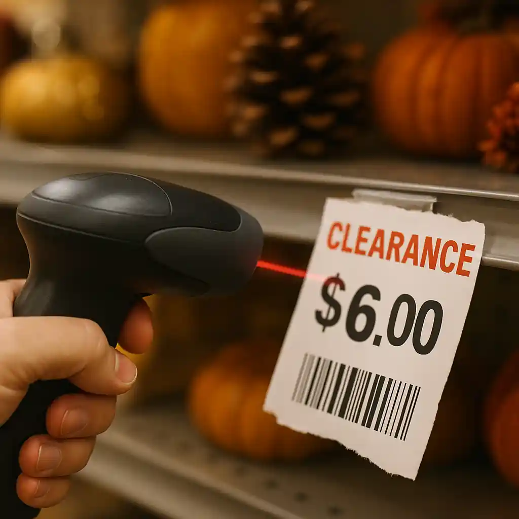 Close-up scanner reading a low clearance tag on Home Depot merchandise