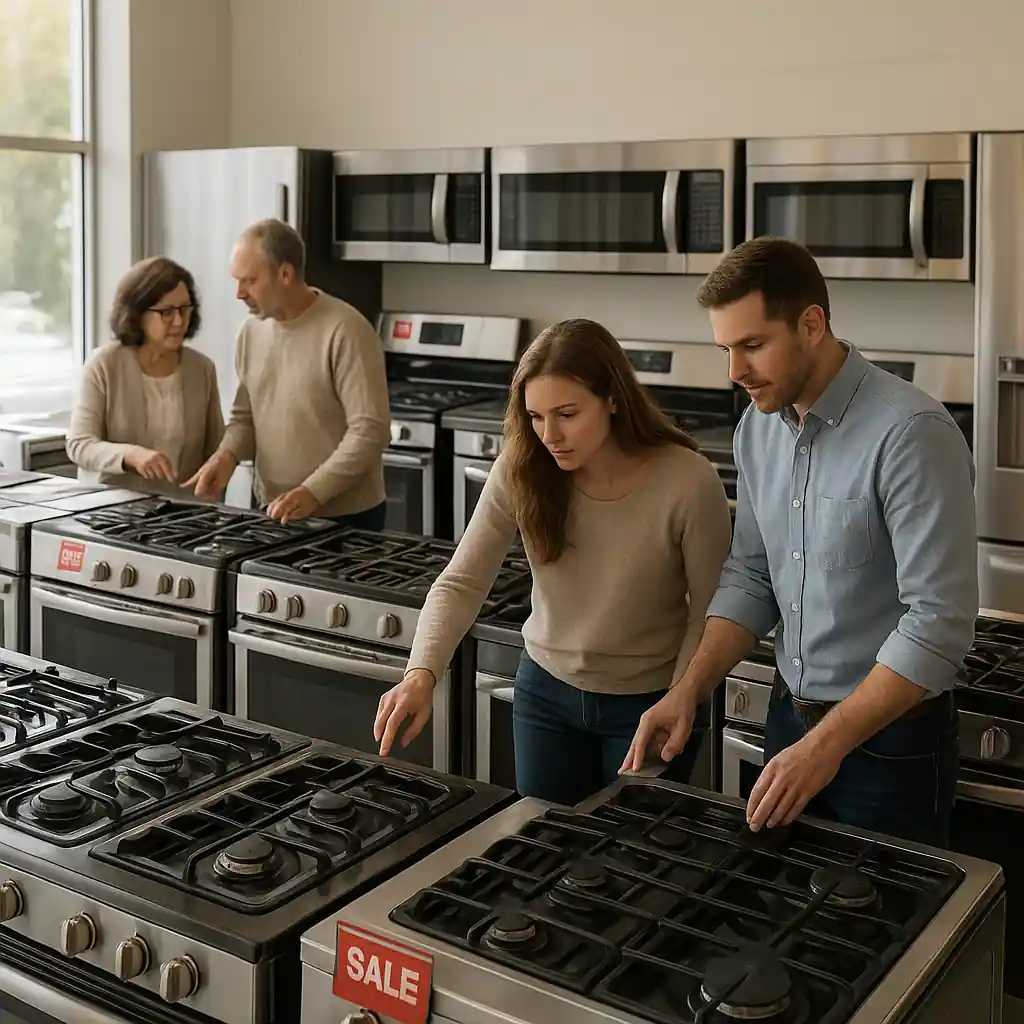 Customers comparing appliances on a store showroom floor with visible sale tags and discounted pricing