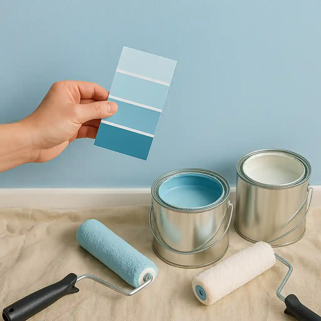 Color swatch held against painted wall, paint cans and roller ready for a home project