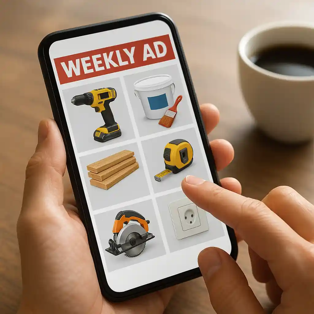 Phone showing a Home Depot weekly sale ad digital circular with a finger scrolling