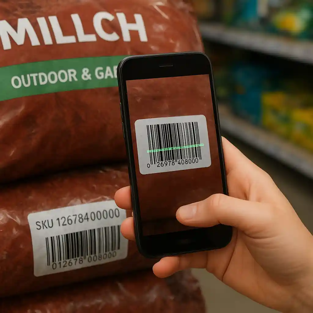 Shopper scanning a mulch bag barcode to check Home Depot mulch sale pricing