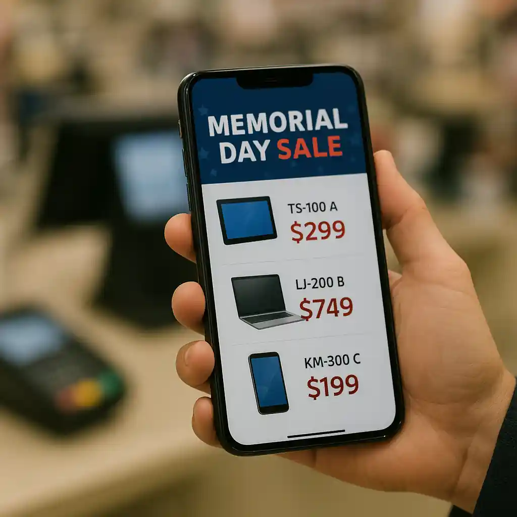 Smartphone screenshot of competitor Memorial Day sale next to a Home Depot register and proof for price match