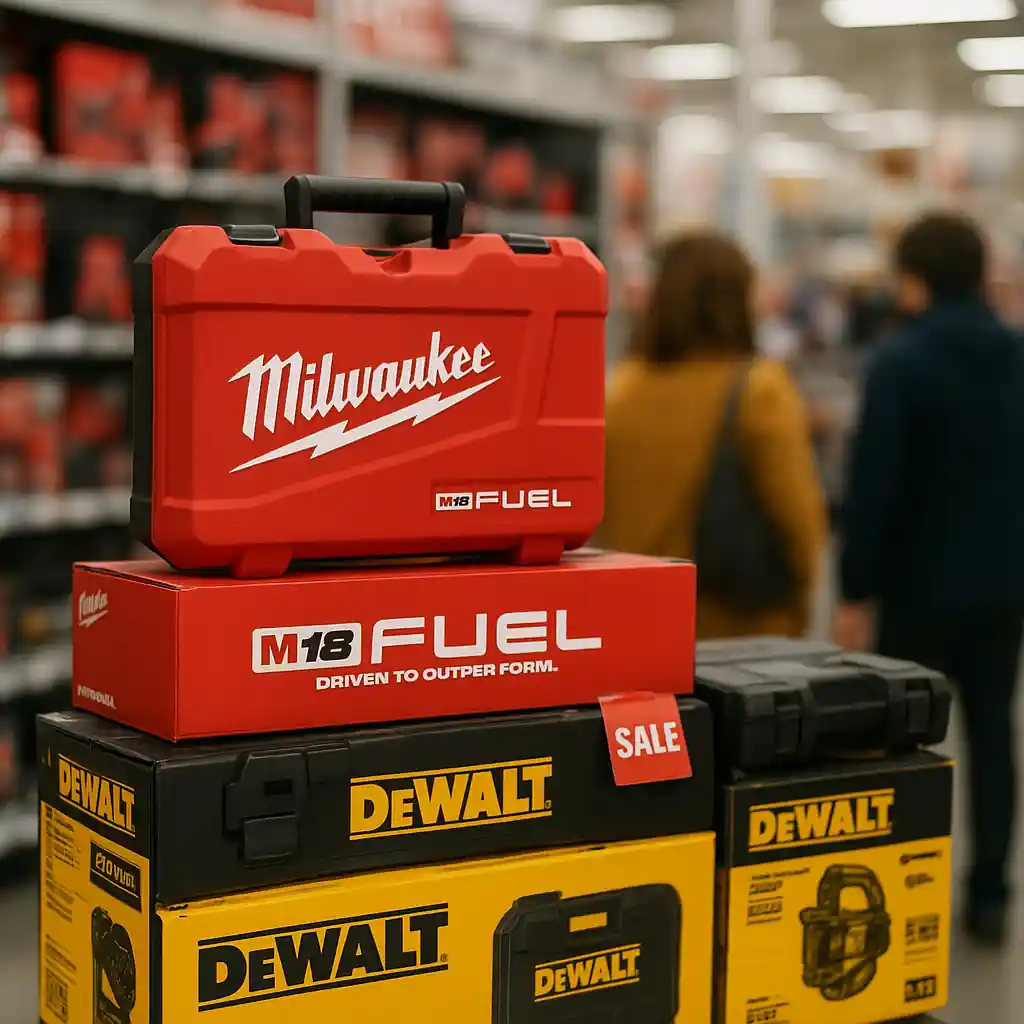 Power tool kits and boxes on sale shelves at a home improvement store during Labor Day discounts