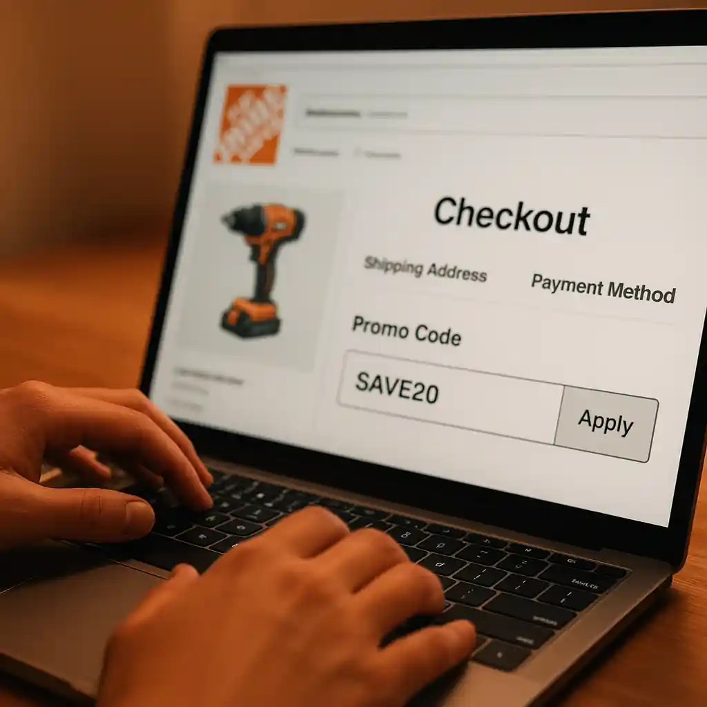 Hands entering a Home Depot promo code at online checkout