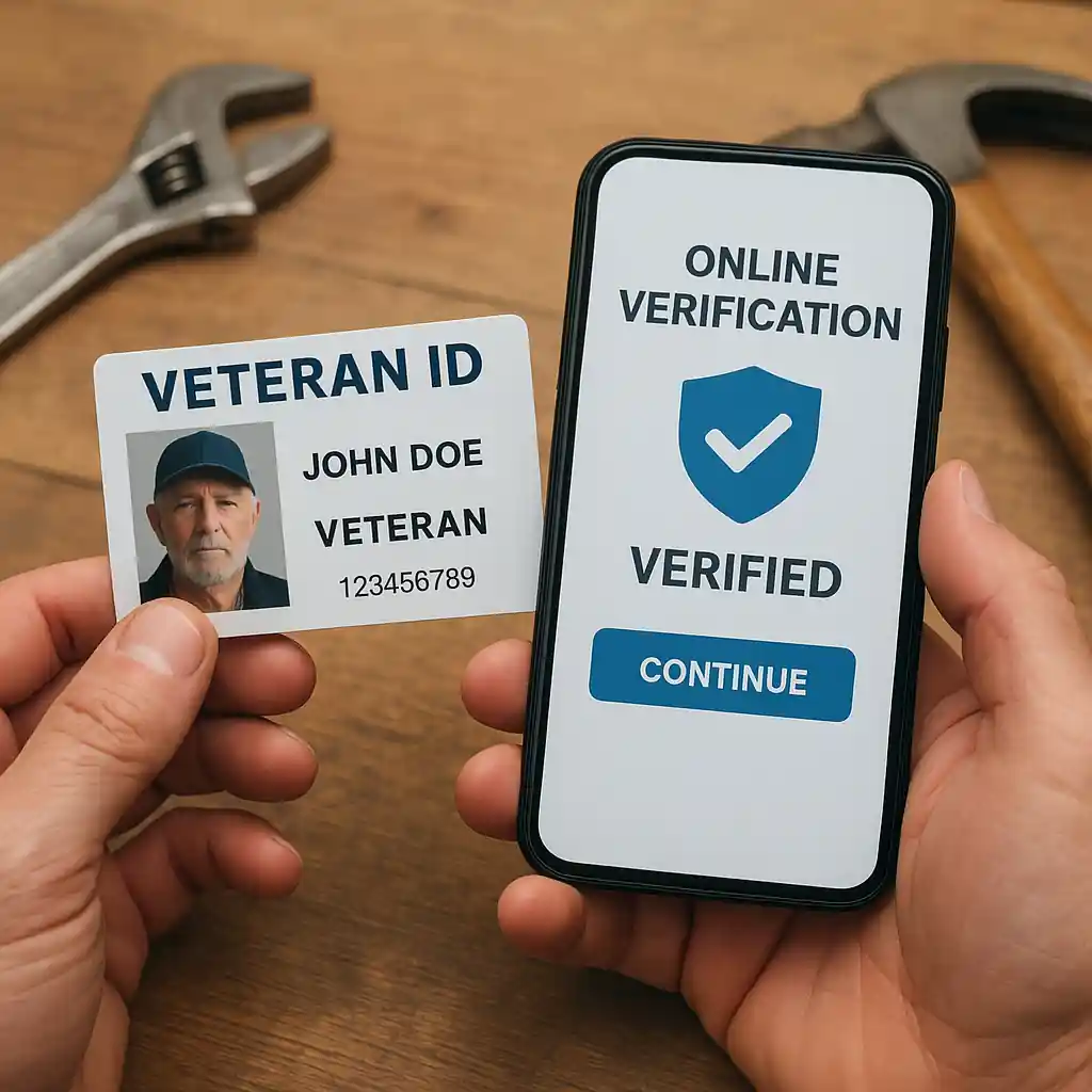Veteran ID card and phone displaying verification screen on a workbench