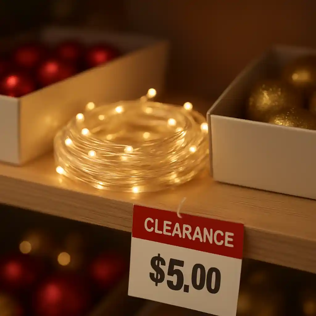 Shelves stocked with LED string lights and ornaments with a clearance tag indicating a holiday markdown timeline sale