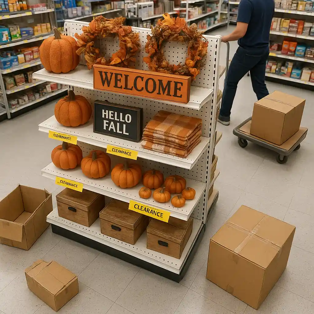 Clearance endcap at Home Depot with penny deals stickers and marked-down SKUs on display