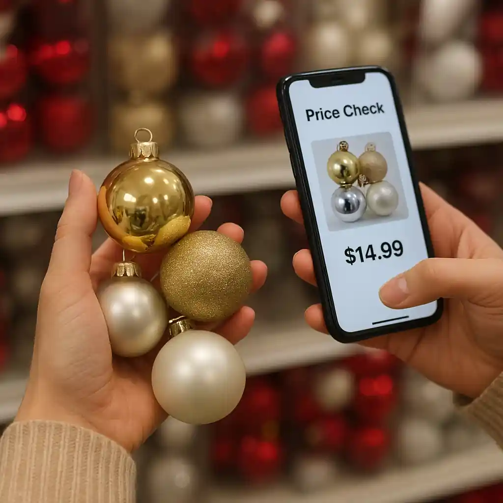 Shopper comparing prices for ornaments using an app to find Home Depot ornament discounts