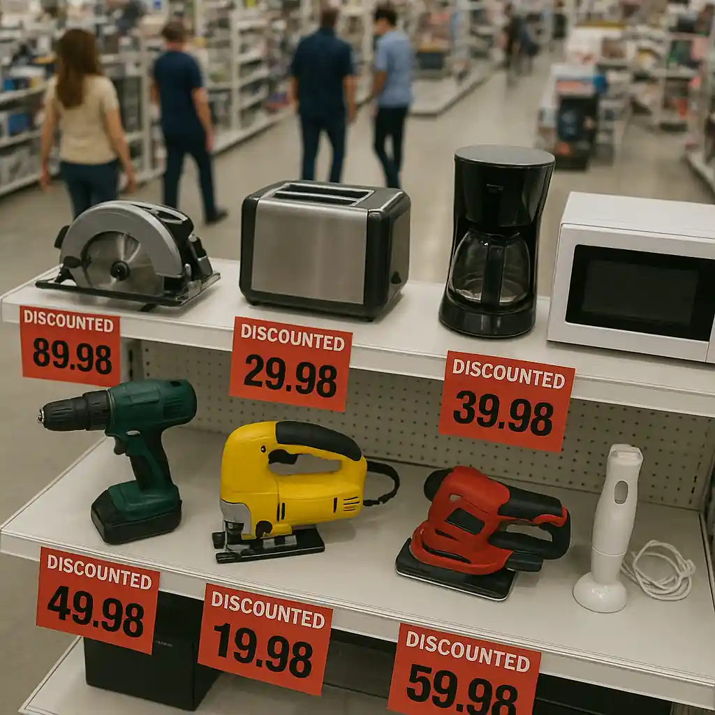 Discounted power tools and appliances on store shelves