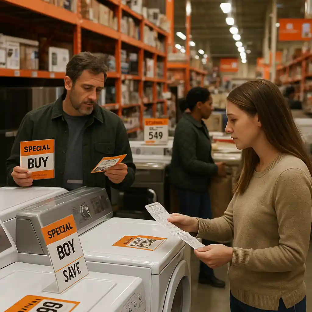 Customers comparing Home Depot Labor Day sale appliance price tags in an aisle