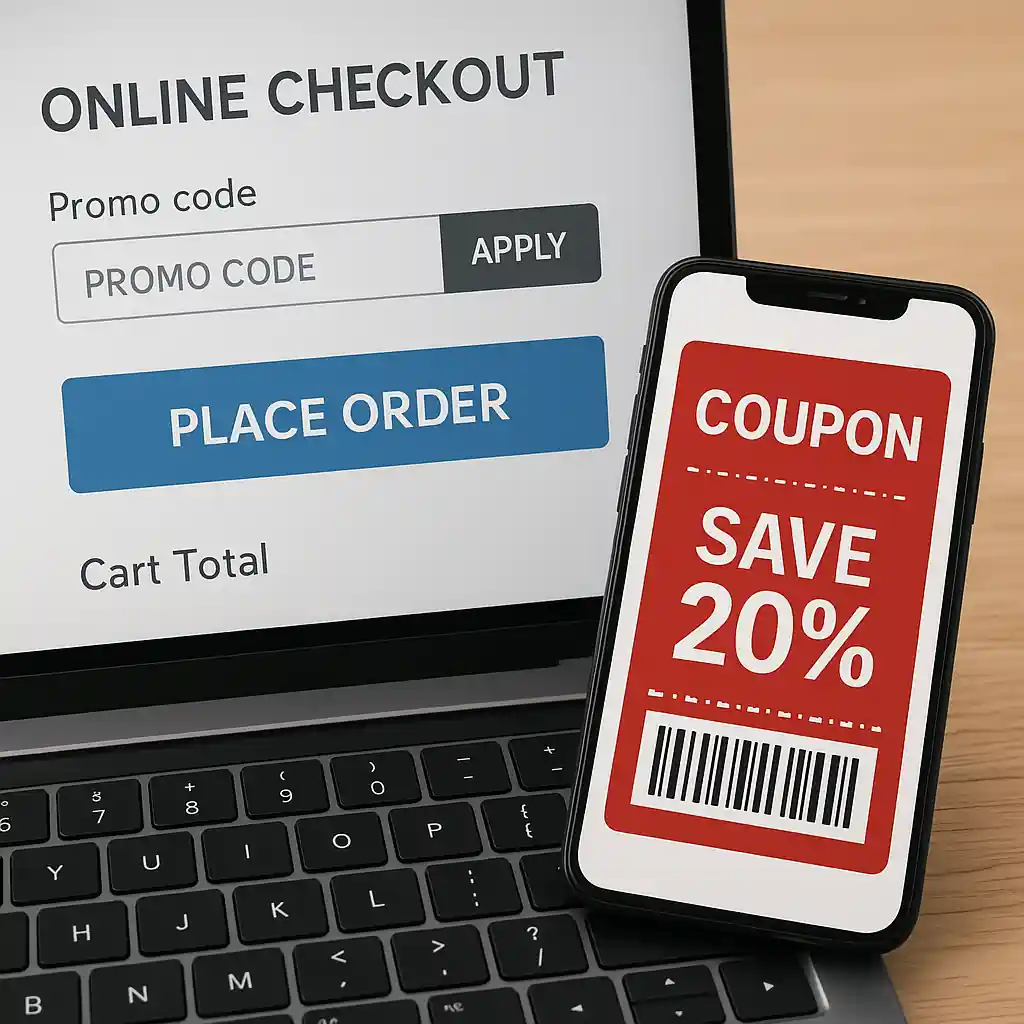 Laptop checkout page with promo code field and a 10 off lowes coupon shown on a phone