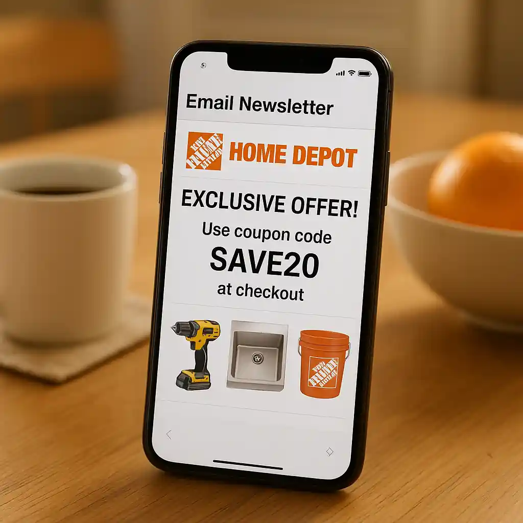 Home Depot promo code shown inside an email newsletter viewed on a smartphone screen