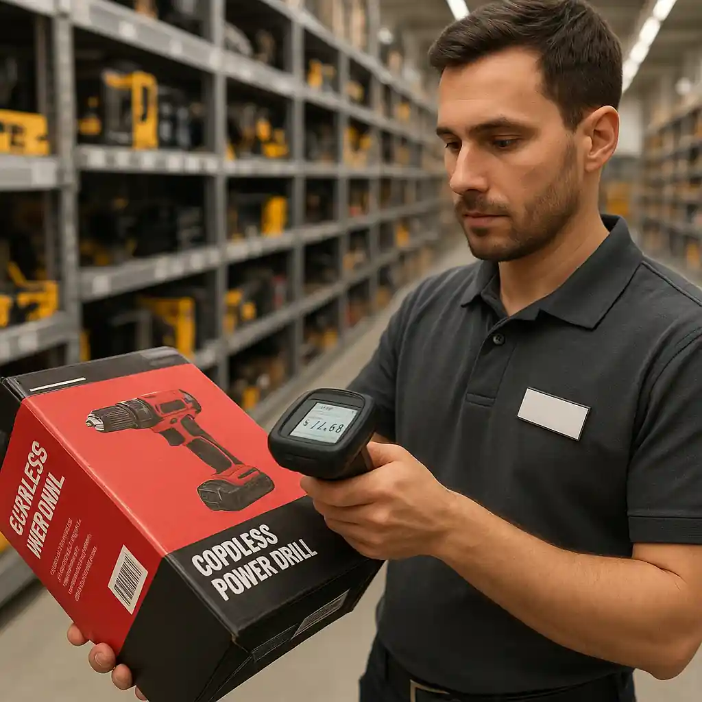Employee scanning a barcode on a boxed tool showing barcode check and price lookup