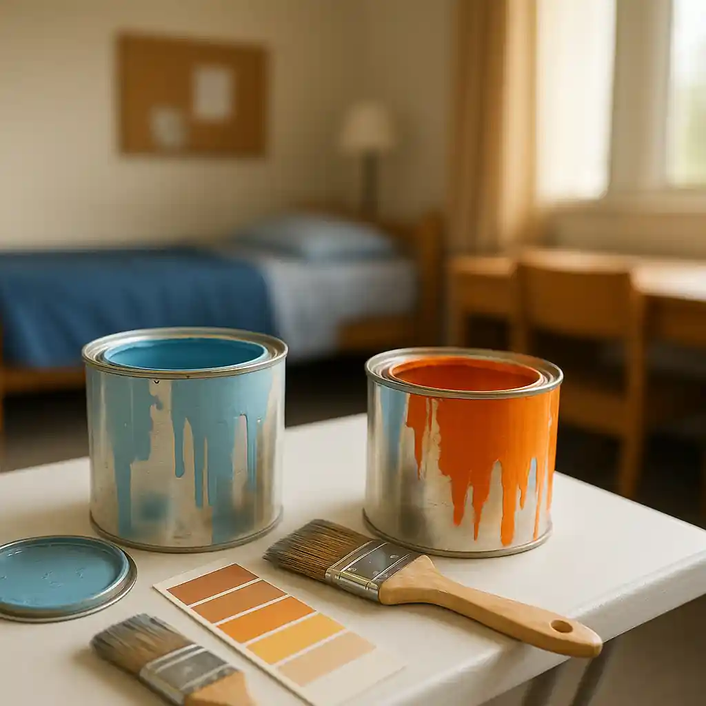 Paint cans and tools laid out for a dorm room DIY project