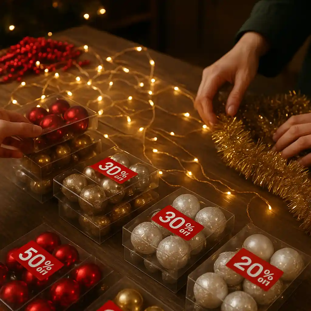 Customers choosing discounted ornaments and lights during Home Depot Christmas clearance