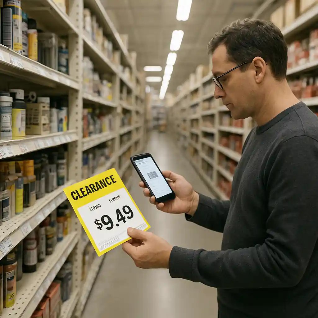 Customer comparing a clearance shelf tag to product details on the Home Depot app