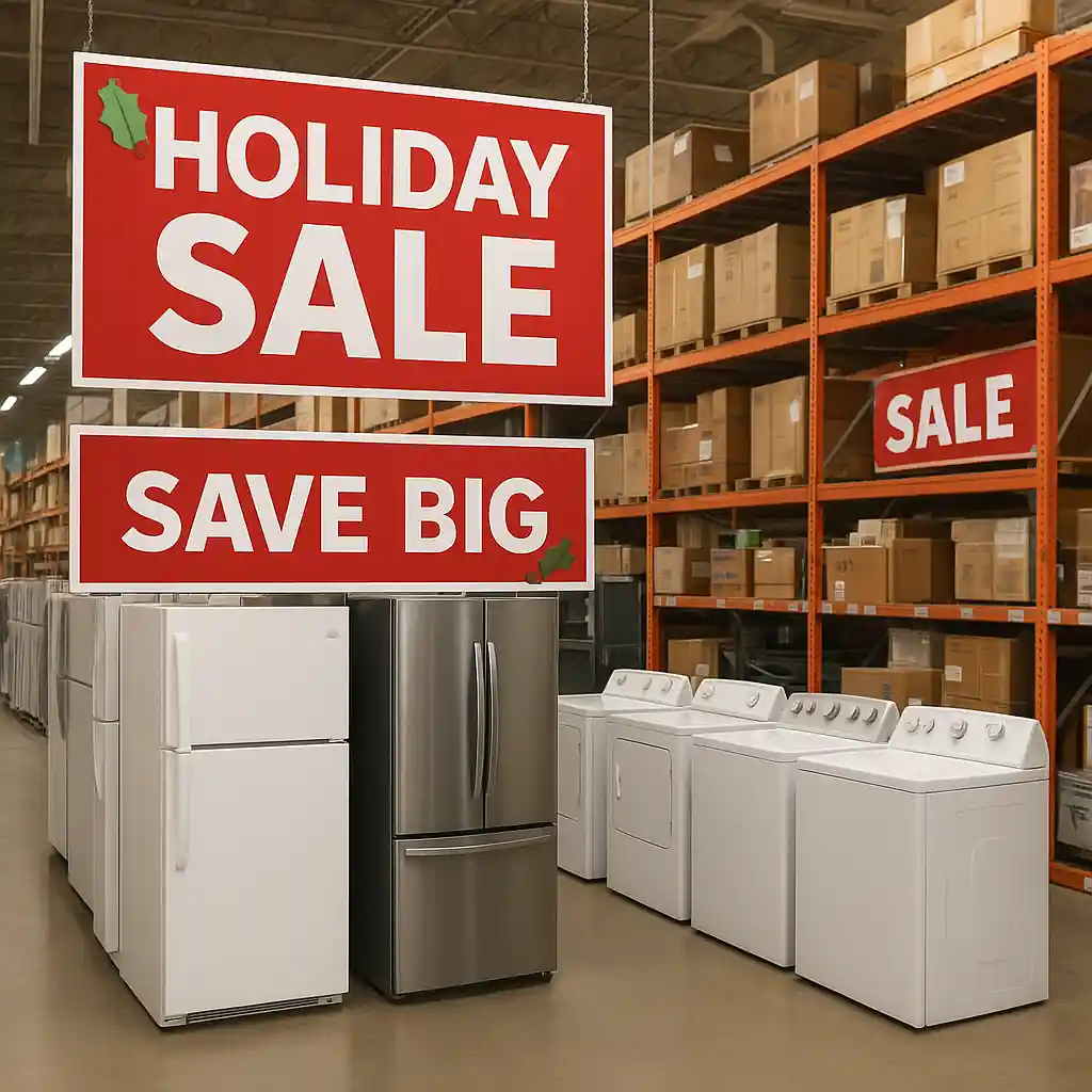 Store aisle with appliances on display and holiday sale signage highlighting promotional discounts