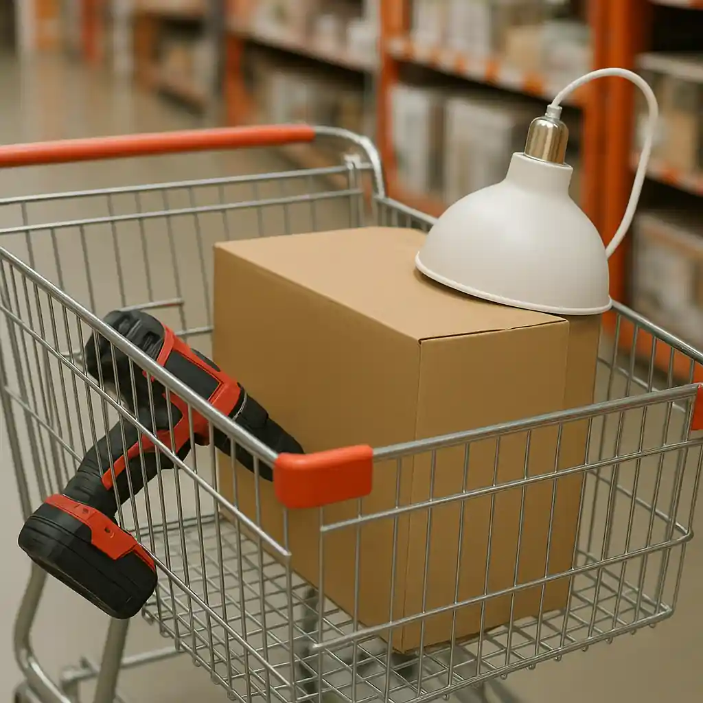 Shopping cart showing a power tool, light fixture and boxed appliance to illustrate eligible and excluded items for a 20% coupon
