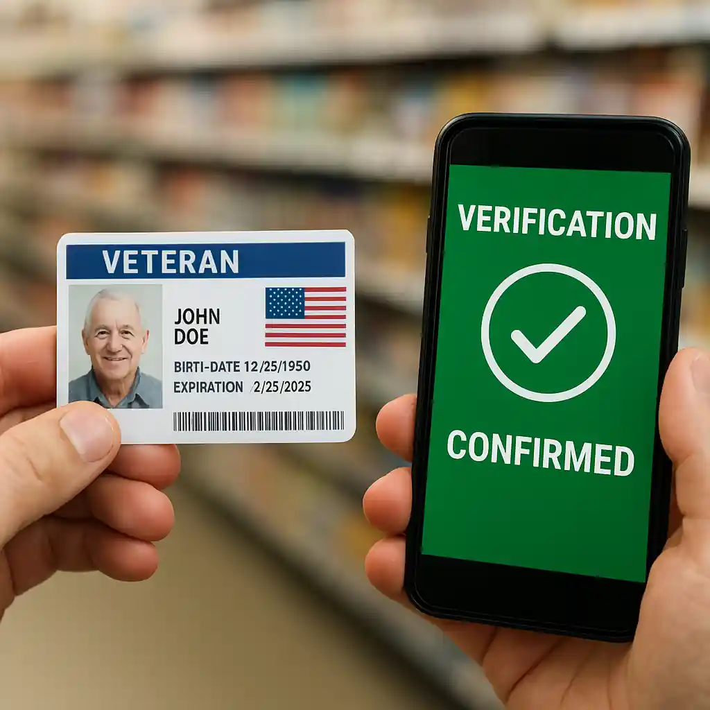 Smartphone verification screen and veteran ID used to claim Home Depot veterans discount